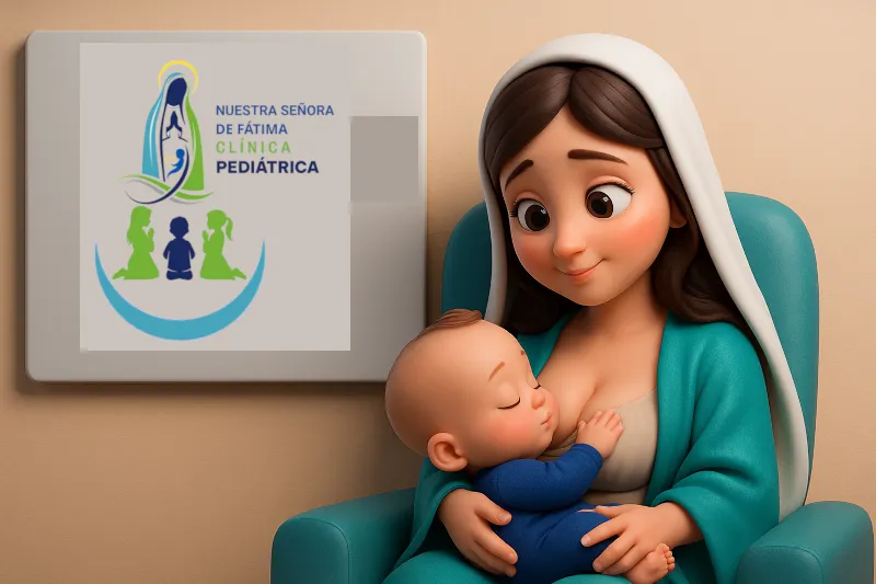ilustración de madre con su bebé en la clínica pediátrica Nuestra Señora de Fàtima