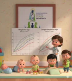 illustración de crecimiento y curvas de crecimiento con logo de la clínica pediátrica Nuestra Señora de Fátima